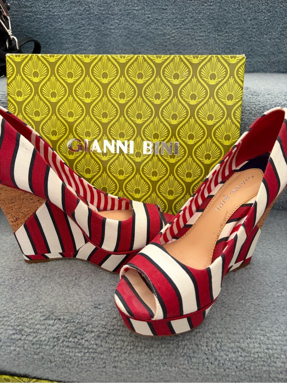 Gianni Bini Red, White & Black Striped Peep-Toe Wedge Heels